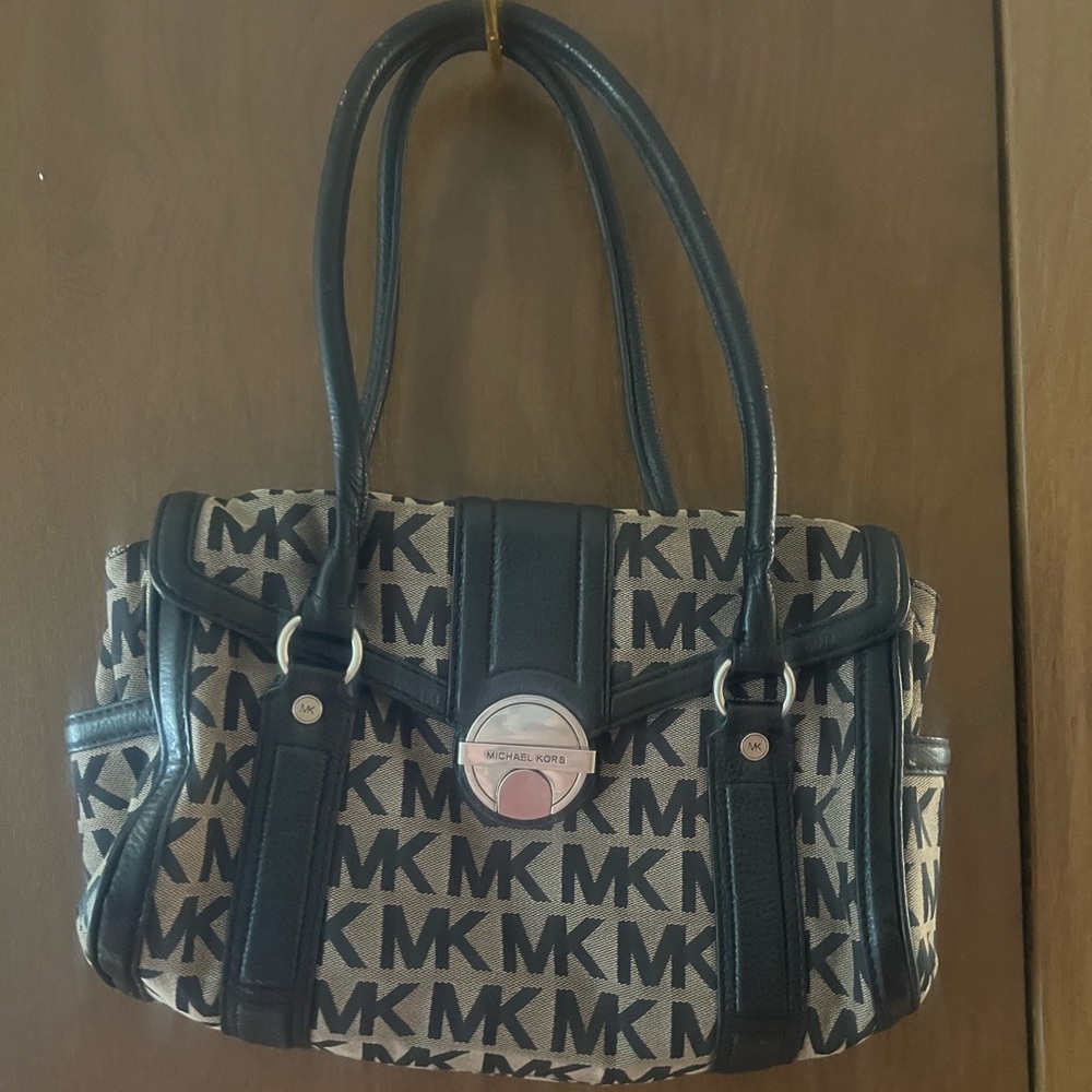 Michael Kors Black and Gray Shoulder Bag with Monogram Design